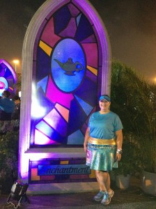 Me in front of the Princess Jasmine backdrop to match my costume!  They had one for each princess lining the path as we entered the staging area.