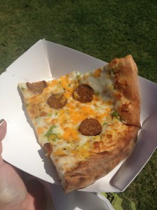 Pizza with cilantro pesto, corn, jalepenos, and chorizo from Rock'n Dough