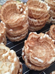 Pizelle Cups, like waffle cups, only made with a pizelle iron instead of a waffle cone iron