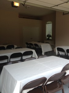 My cousin set up tables in her garage for the Labor Day Stew.