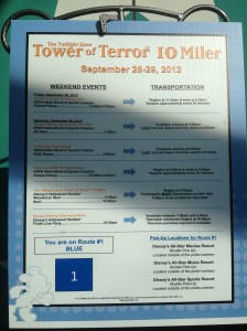 Tower of Terror 10 Miler transportation board at the resort