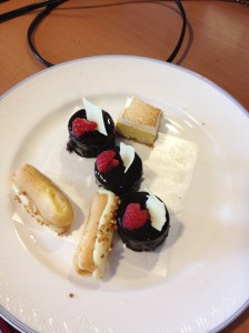 Surprise dessert plate from room service, I ate a lemon pie bite before snapping a pic.  Oops!