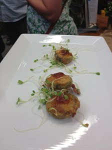 Deep fried bread and butter pickles with J & S Sauce