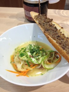 Vegetable "pasta" in cheese broth with mushroom spread on toast