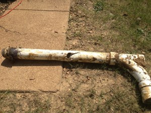 Here's part of the culprit--a huge hole in a pipe.  Yes, I said part of the culprit.  There were other breaks.